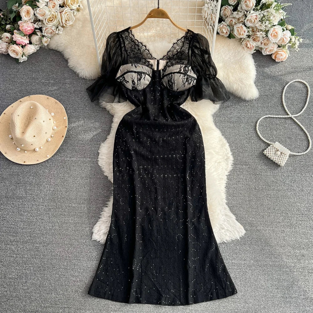 Elegant Black Lace Overlay Glitter Evening Gown on Luulla