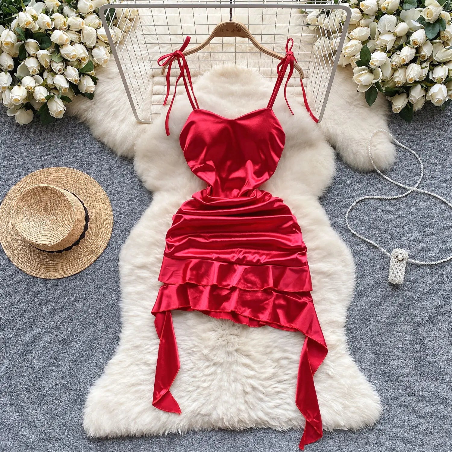 Elegant Satin Red Ruffled Cocktail Dress With Straps on Luulla