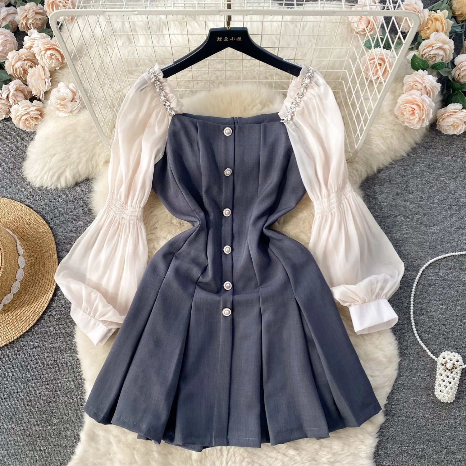 Vintage-inspired Puff Sleeve Navy Dress With Button Detail on Luulla