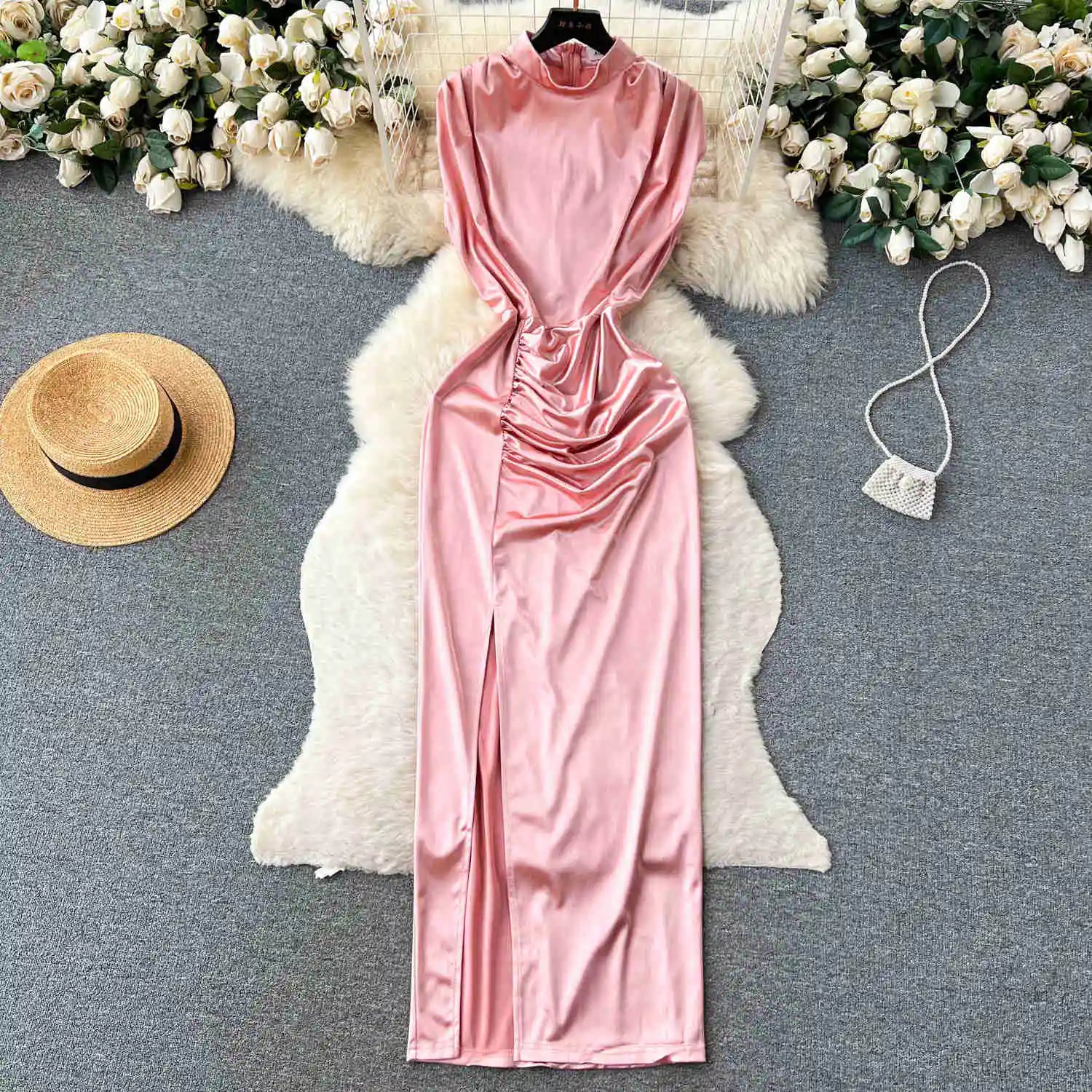 Pink Maxi Length Satin Dress with High Slits & Deep V
