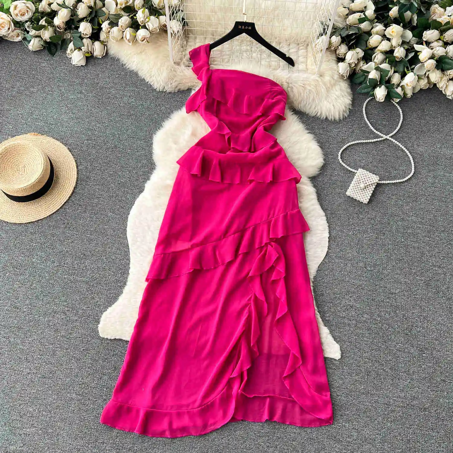 Elegant One-shoulder Ruffle Maxi Dress In Fuchsia on Luulla