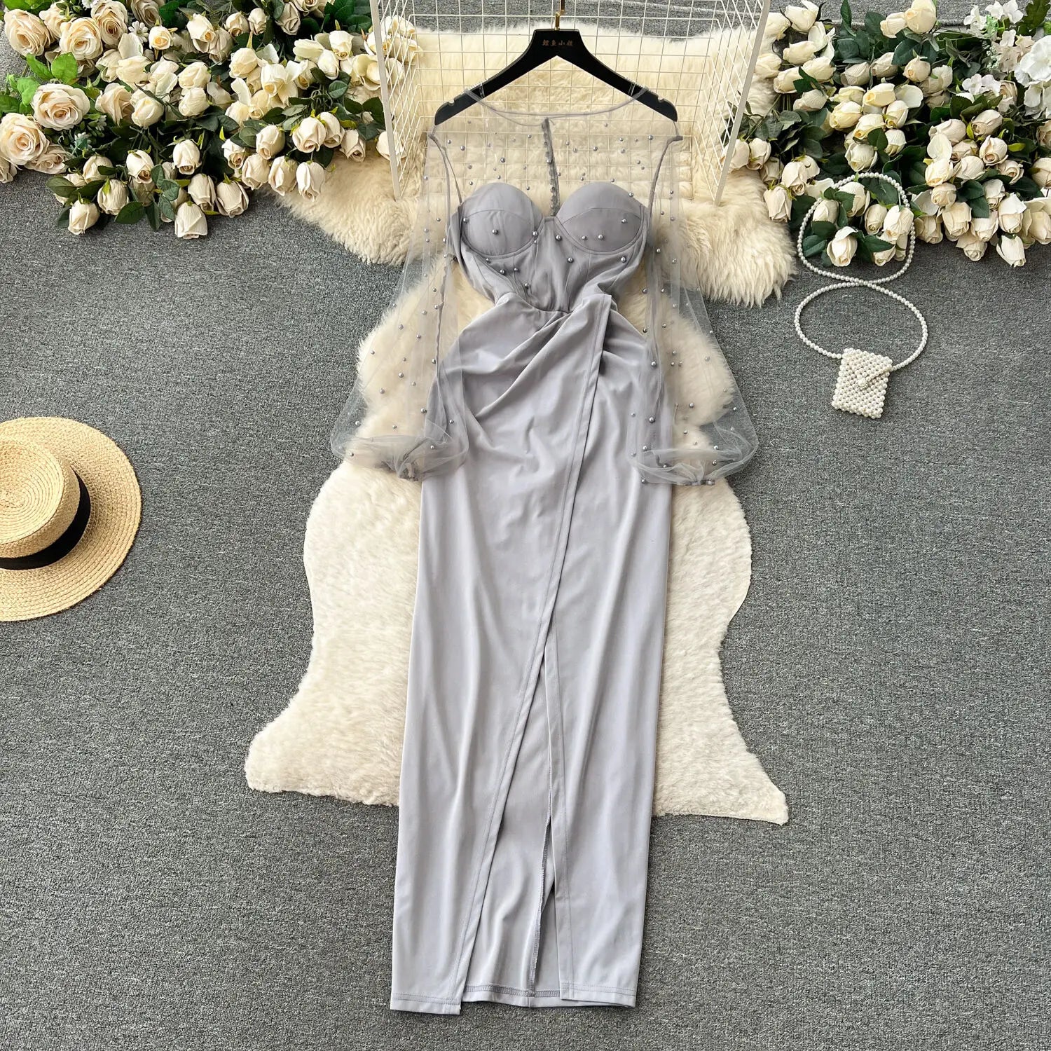 Pleated Satin Gown With Skirt Cape Design main image 1