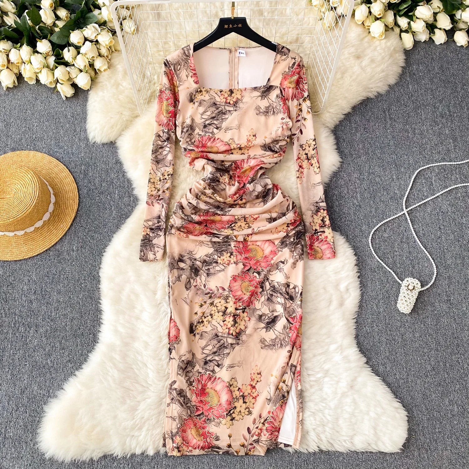 Floral Ruched Bodycon Dress Dark Chocolate Floral Flocked Frill Bodycon  Dress Dresses