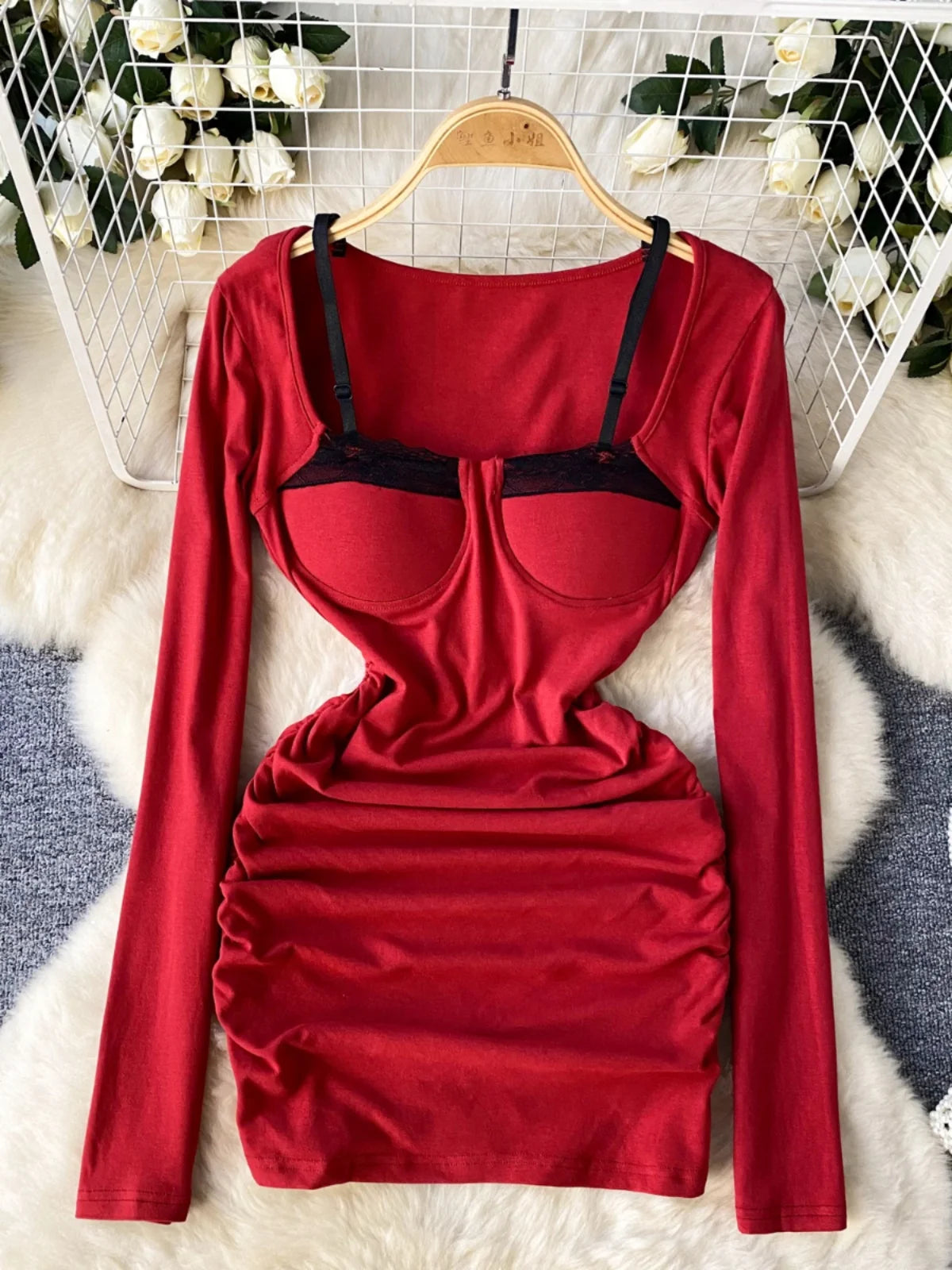 Rowan Red Embellished Long Sleeve Dress