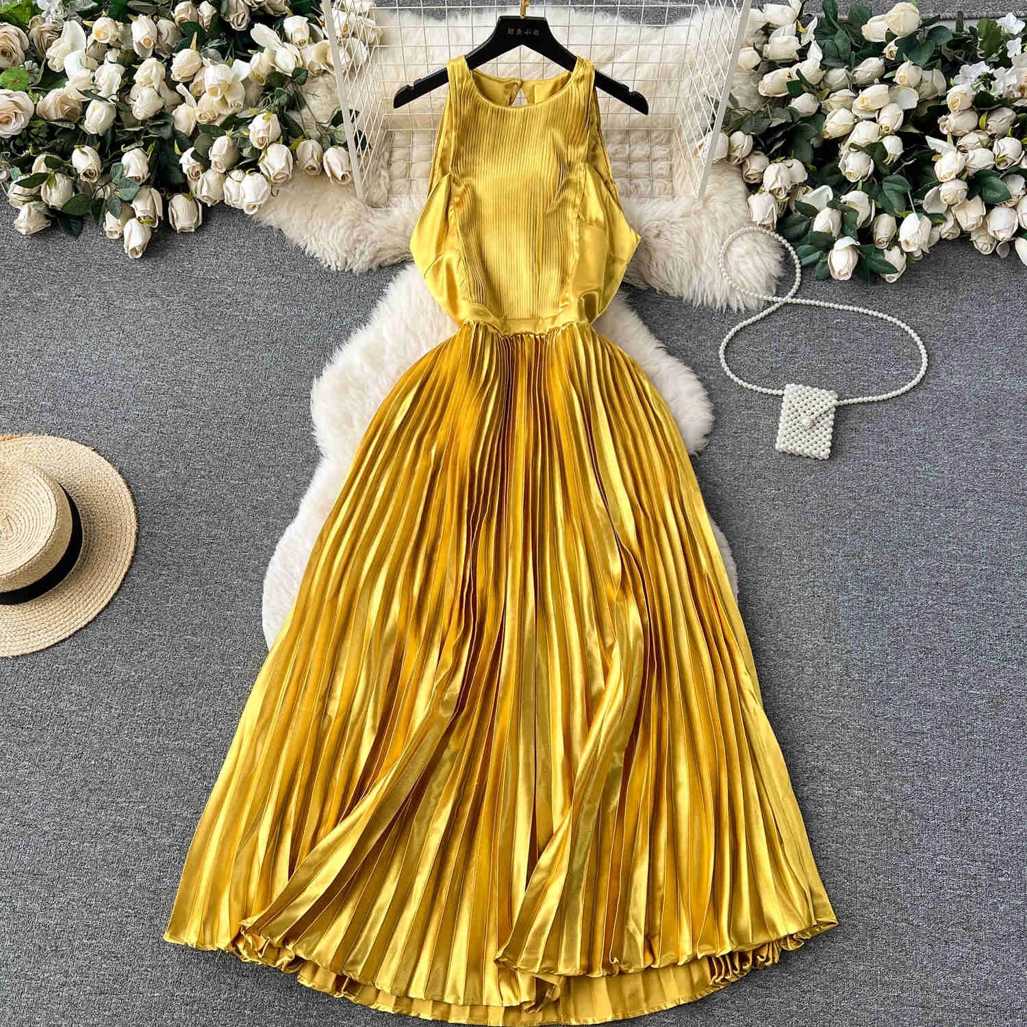Elegant Satin Pleated Maxi Dress Sleeveless Golden Yellow on Luulla