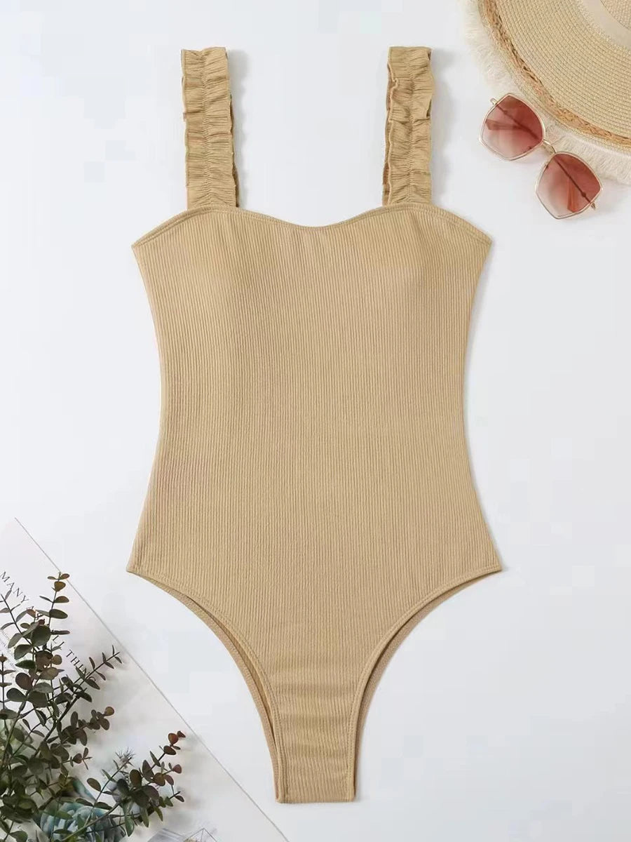 Womens Ruffle Strap Ribbed Pink One-piece Swimsuit on Luulla