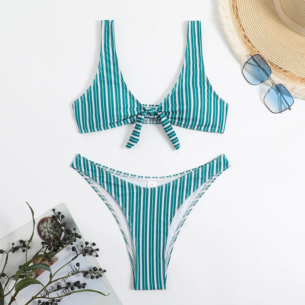 Womens Metal Accent Tie Front Bikini Set For Vacation Wear Stretch Jersey Beach Ready Swimwear main image 1