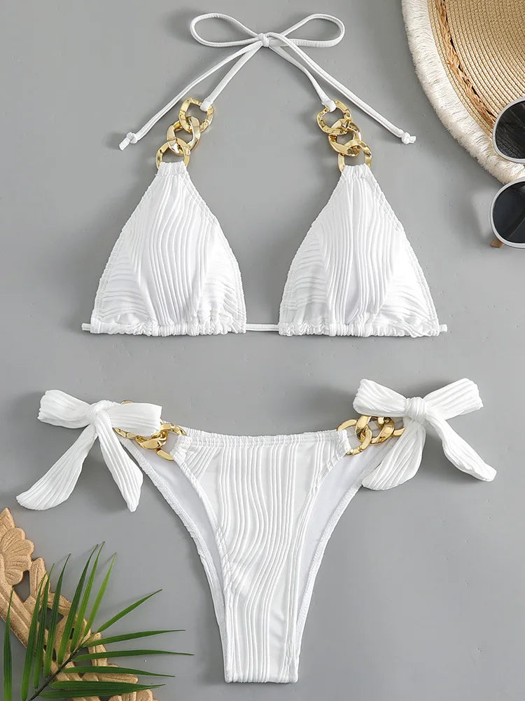 White Ruched Halter Bikini Set With Gold Accents On Luulla