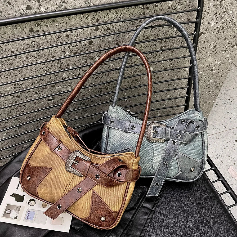 Western Leather & Upcycled Canvas Shoulder Bag For Women - Handcrafted Crossbody Purse, 14x10x6 Inches