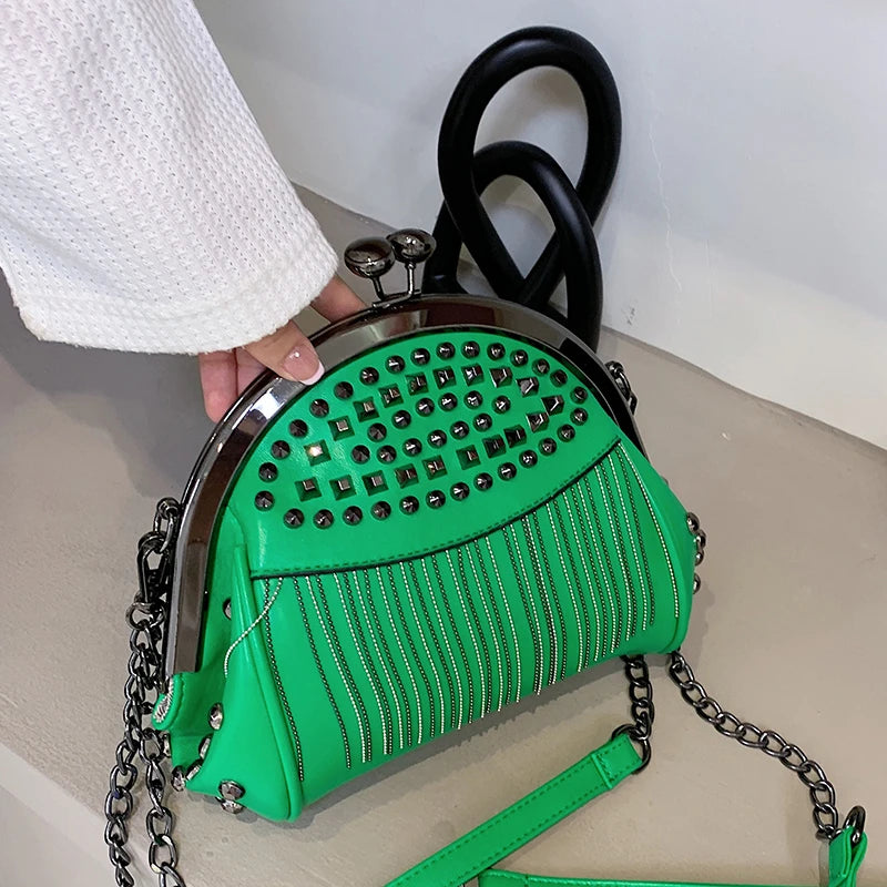 Ruched Chain Pouch Clutch- Green Vegan Leather