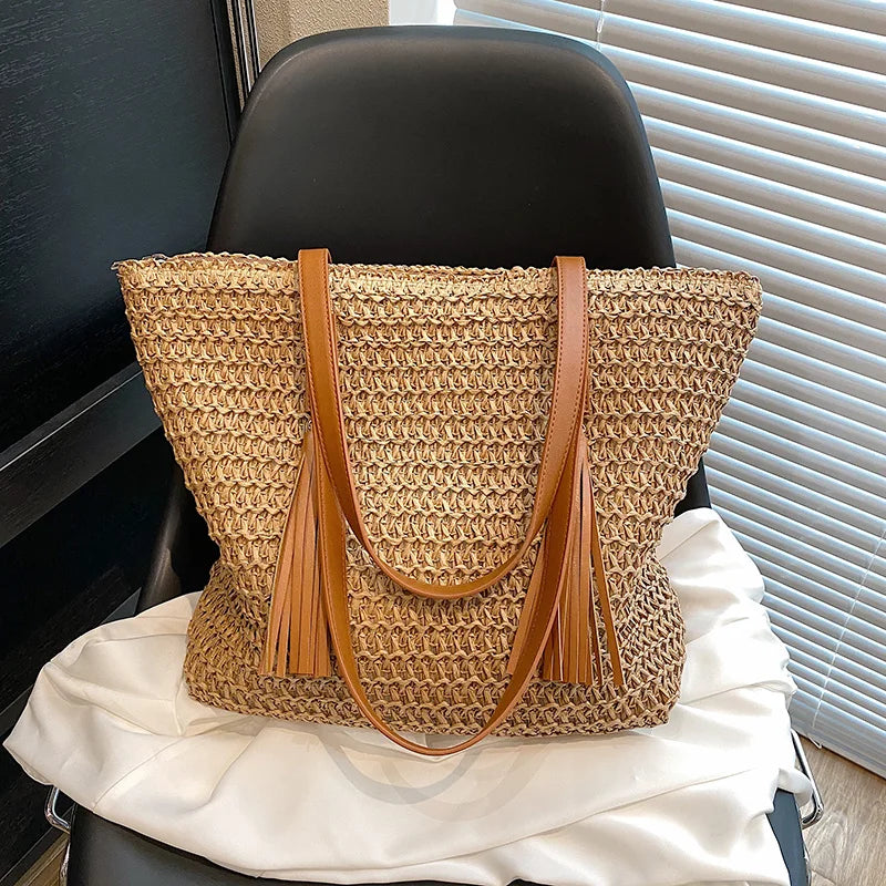 Woven Straw Tote Bag With Leather Handles And Tassel on Luulla