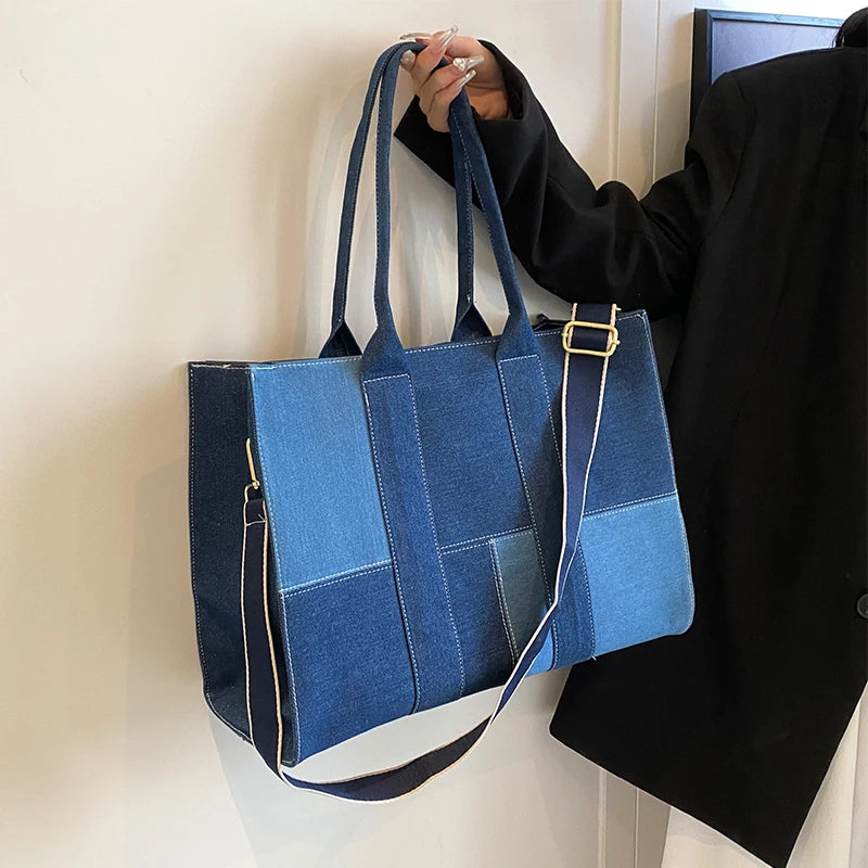 Denim Cross Patch Tote Bag