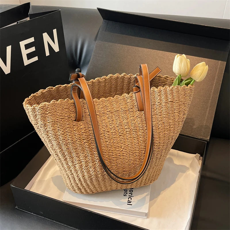 Stylish Woven Straw Tote Bag With Leather Straps on Luulla
