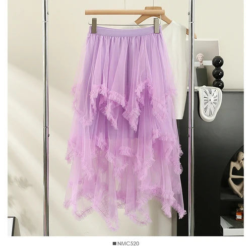 Priyavil Ruffle Layered Mesh A-line Long Tulle Skirt main image 1