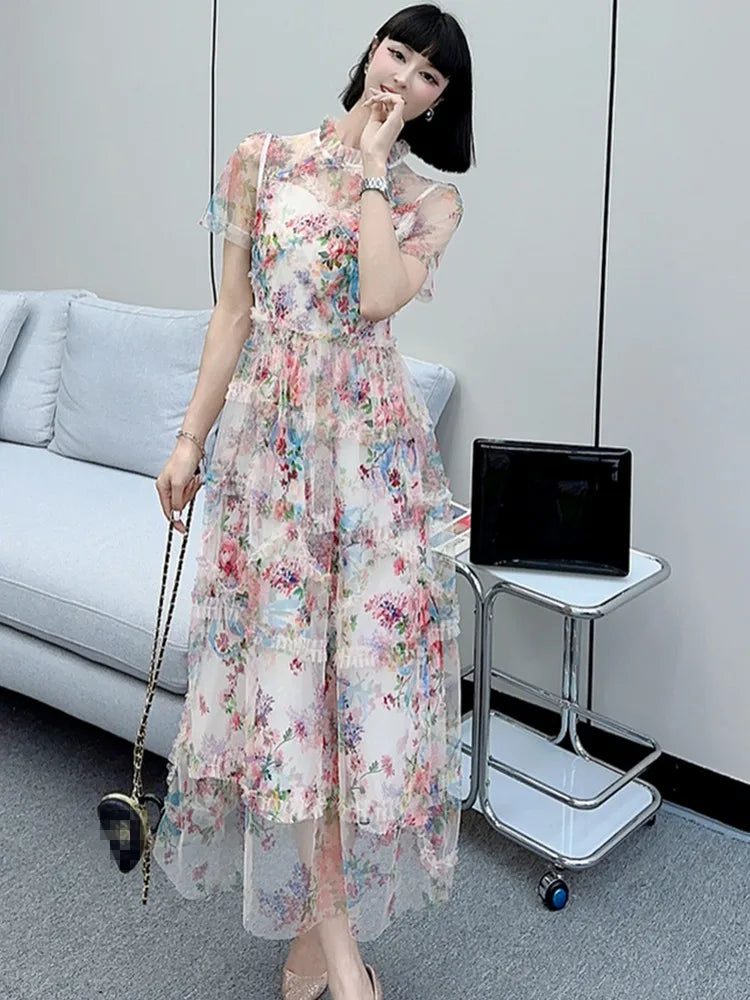 Floral Lace Midi Dress With Sheer Sleeves on Luulla