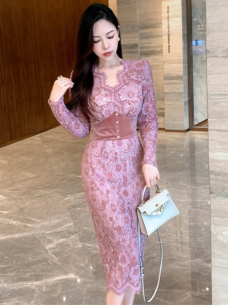 Vintage Lace Midi Dress With Long Sleeves on Luulla