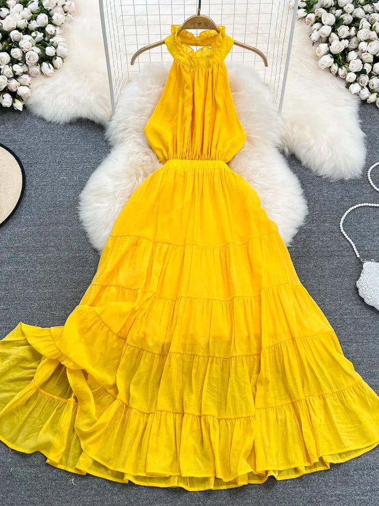 Elegant Yellow Tiered Maxi Dress For Women on Luulla