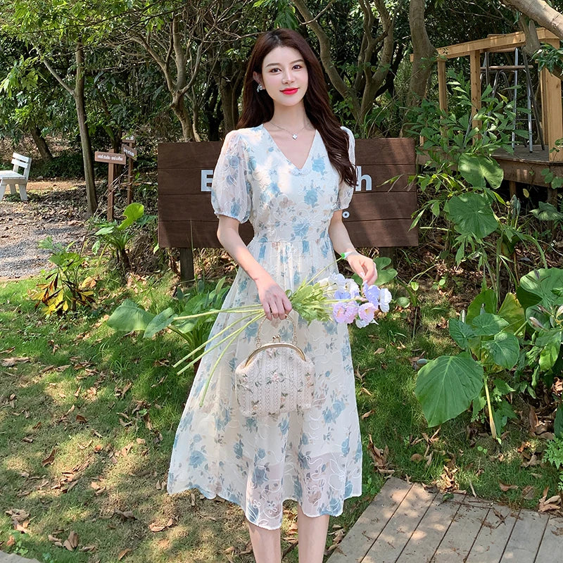 Floral Midi Dress With Puff Sleeves Summer on Luulla