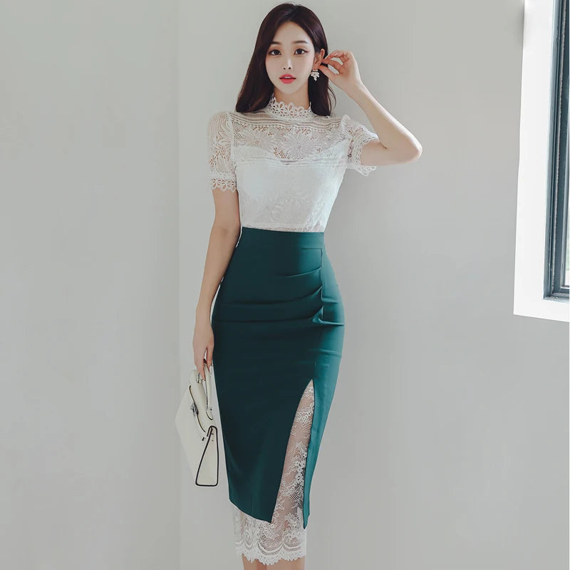 Elegant Lace Patchwork High-waist Midi Pencil Dress on Luulla