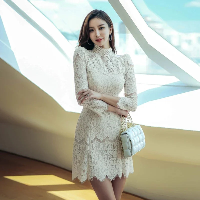 White Lace Dress with Sleeves - A Line Long Dress