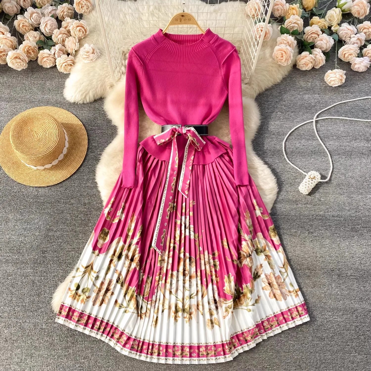 Jiyara Rose Pink Box Pleated Dress