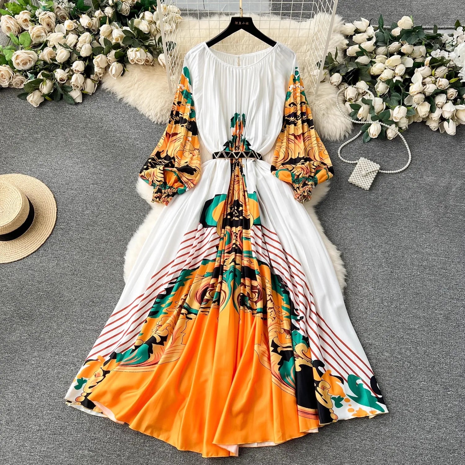 A-line Shoulder Straps Pleated Maxi Dresses with Belt Periwinkle