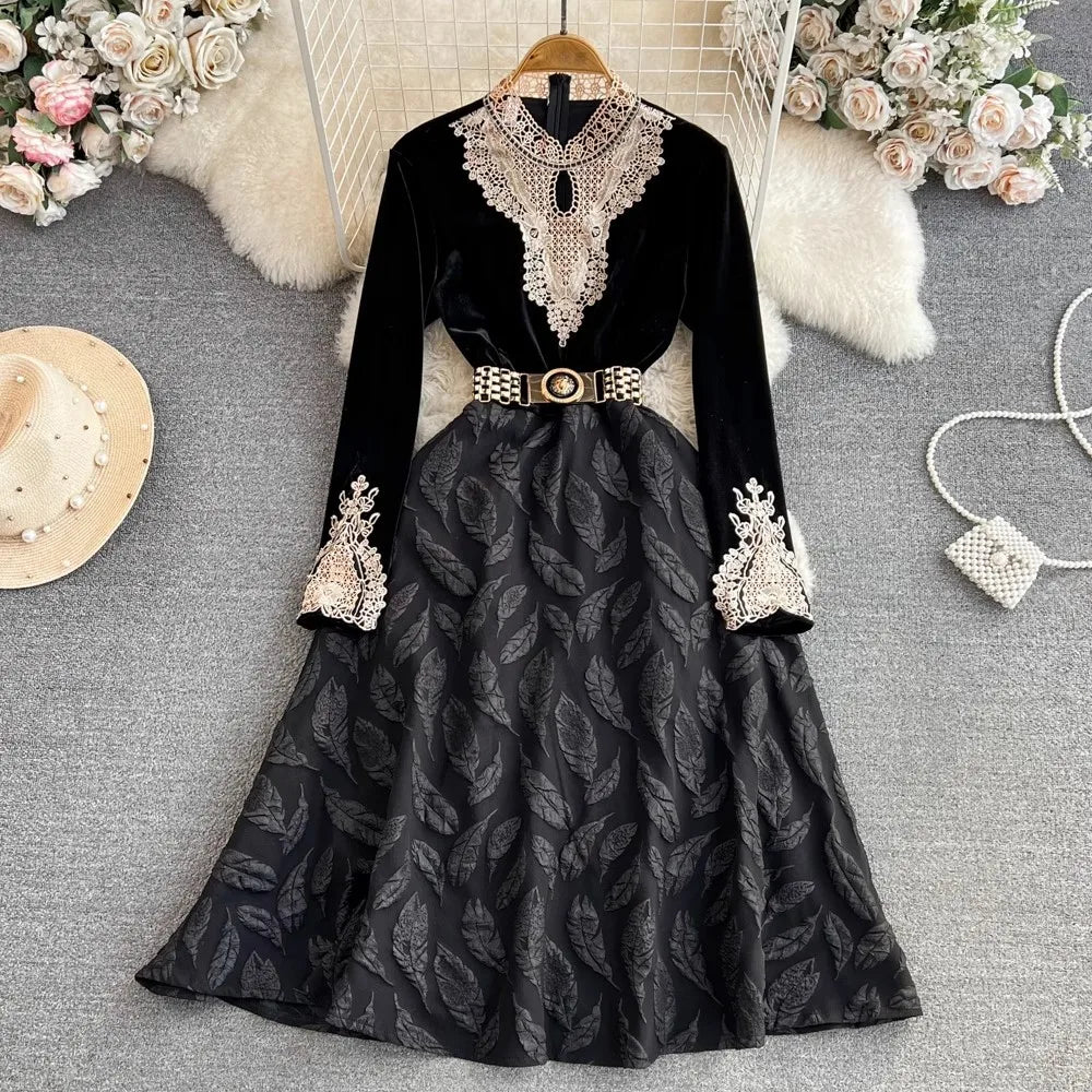 Elegant Black Lace Long Sleeve Midi Dress on Luulla
