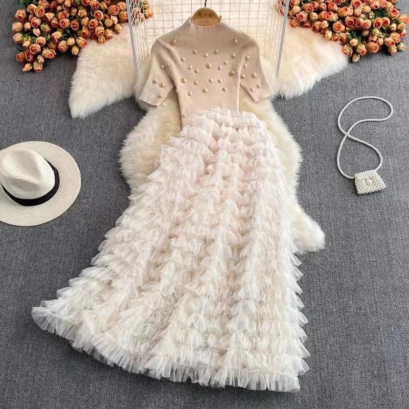 Ruffle bottom sweater withlong skirt set