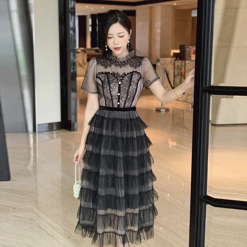 Lace & Tulle Midi Dress – Embroidered Mesh Elegance main image 1