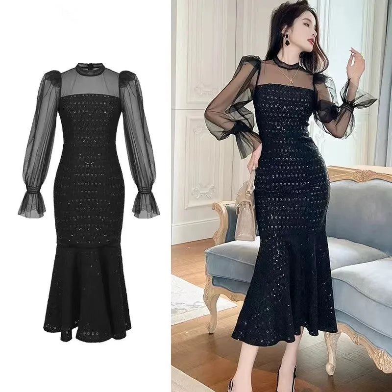 Elegant Black Mesh Long Sleeve Midi Dress on Luulla