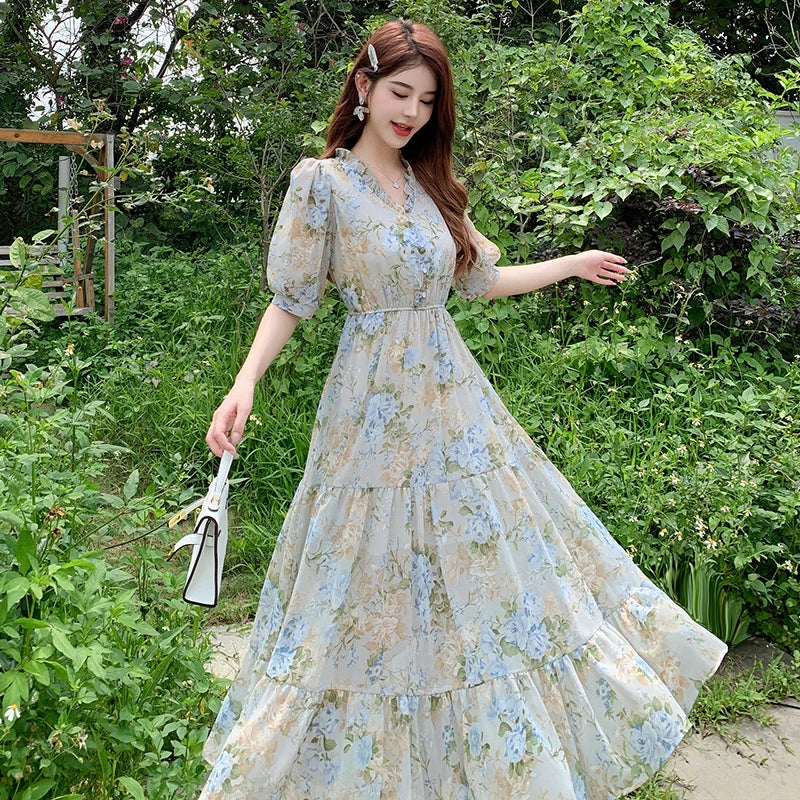 Floral V-neck Long Puff Sleeve Maxi Dress on Luulla