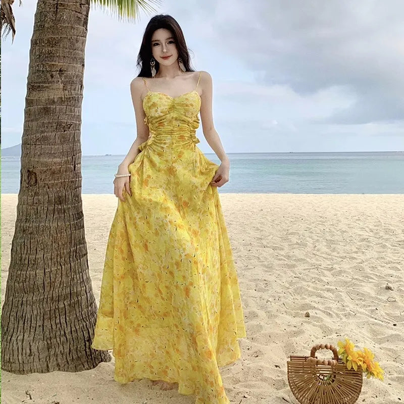 Yellow Beach Dress, Fashion Party Evening Dress
