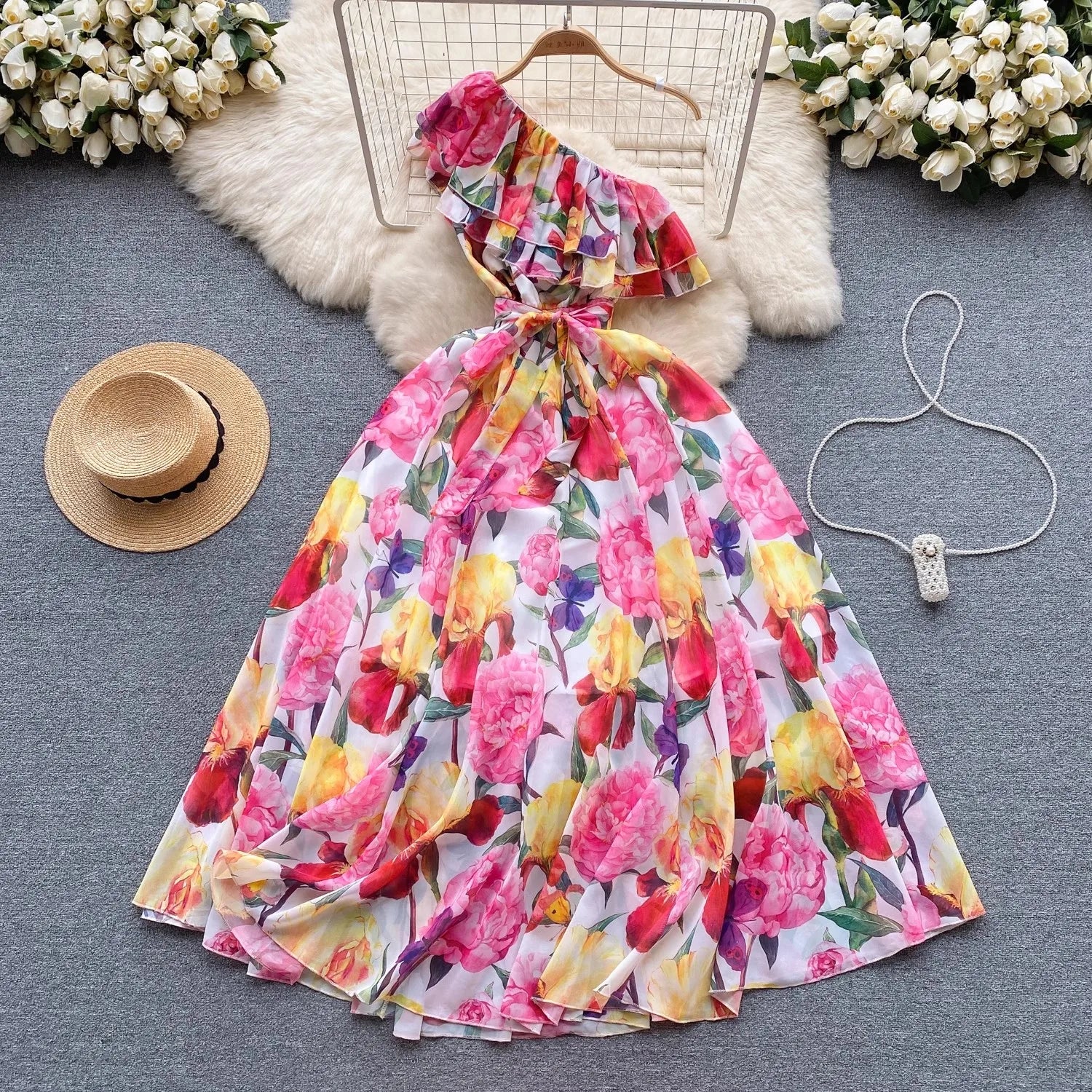 Floral One Shoulder Long Sleeve Maxi Dress main image 1