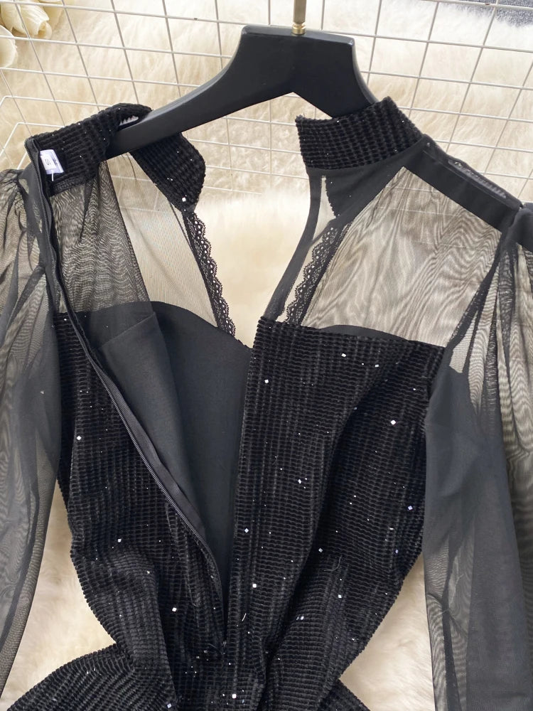 Elegant Black Bodycon Dress With Sheer Sleeves on Luulla