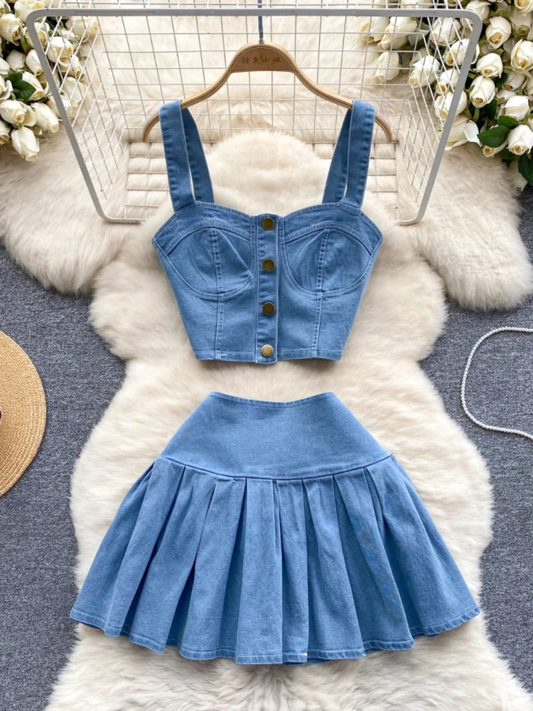 Short Sleeve Cropped Top and Skort Denim Set main image 1