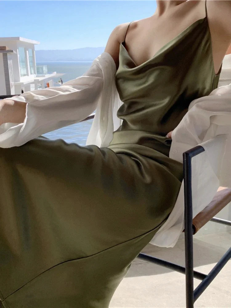 Light Olive Green Silk Slip Dress