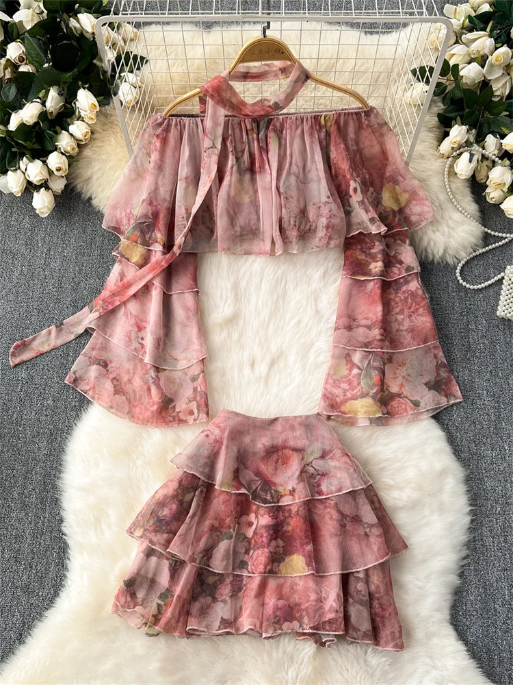 Floral Appliqué Top With Tiered Ruffled Skirt