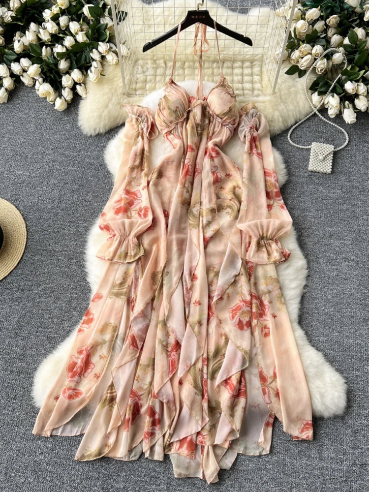 Halter-Neck Floral Chiffon Maxi Dress