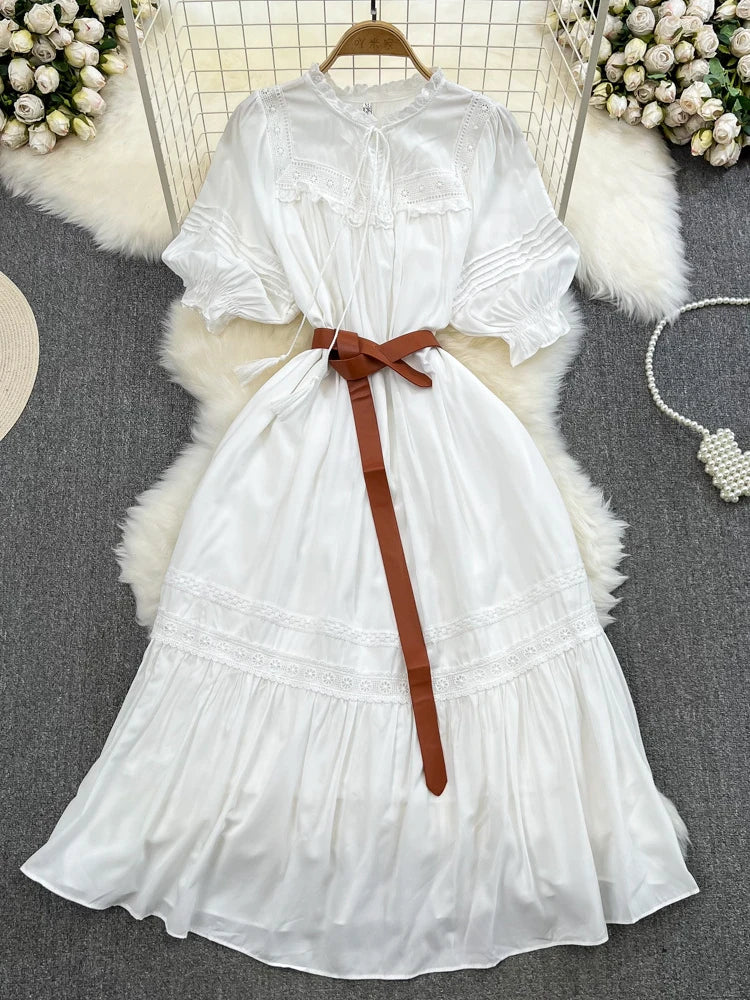 MM LONG DRESS IN WHITE TEXTURED FABRIC WITH BELT main image 0