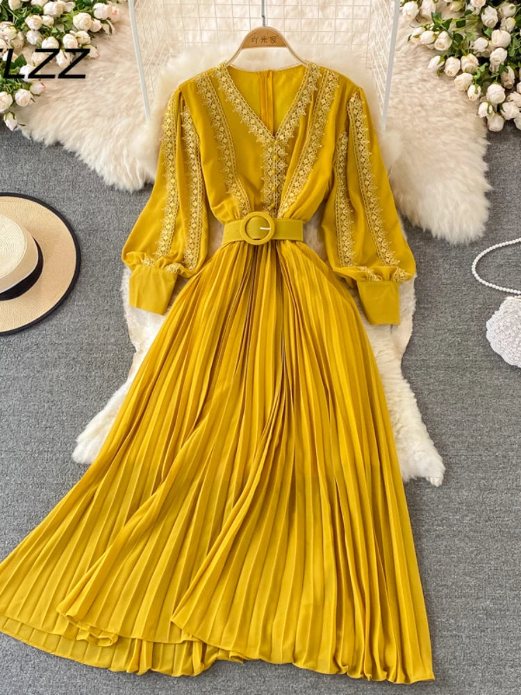 Elegant Mustard Yellow Pleated Maxi Dress on Luulla