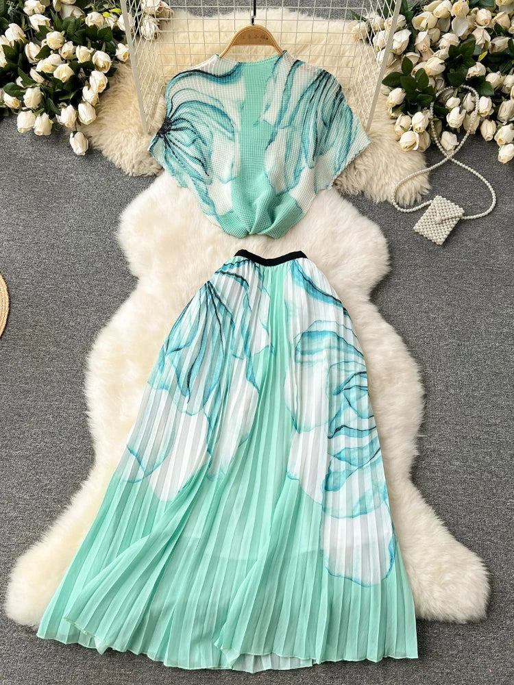 Floral Pleated Flourish Top Fit and Flare Midi Skirt 2 Piece Set main image 0
