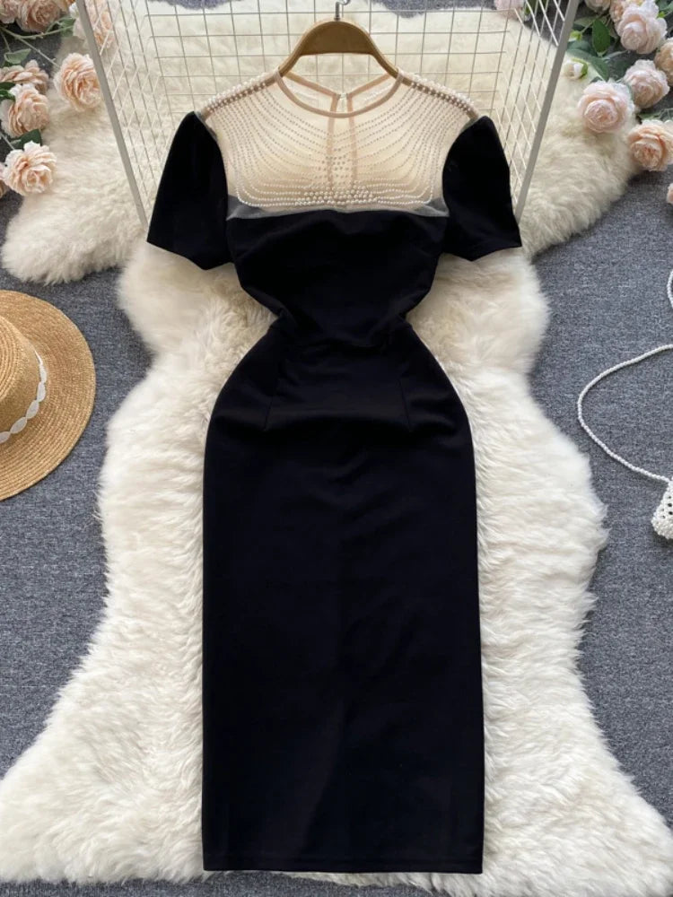 Elegant Black Midi Dress With Lace Details on Luulla