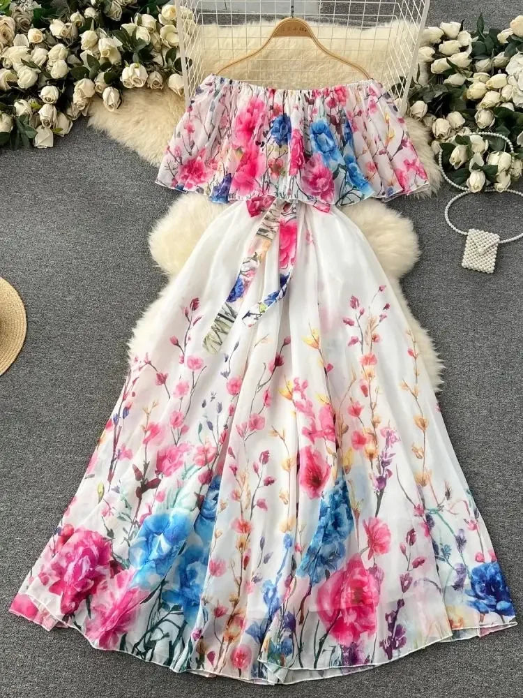 Off-Shoulder Cute Floral Maxi Dress for Summer Vacation main image 0