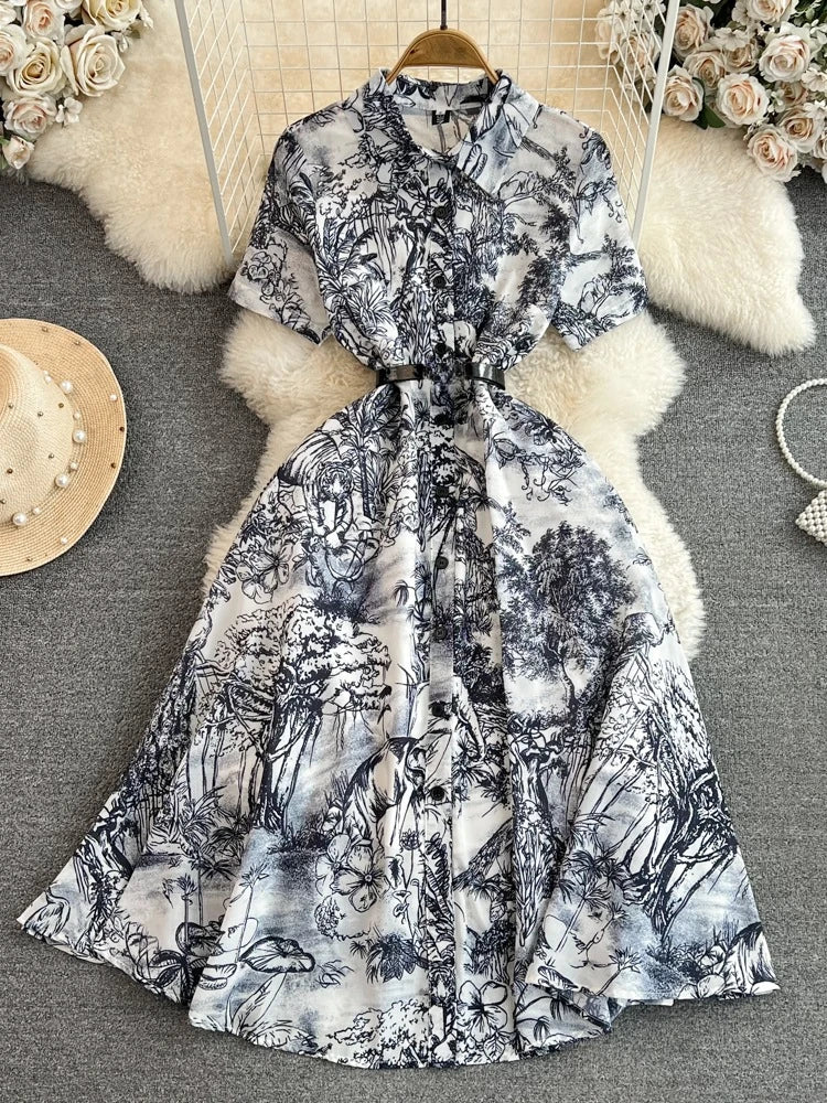 Floral Print Button-down Belted Midi Dress on Luulla