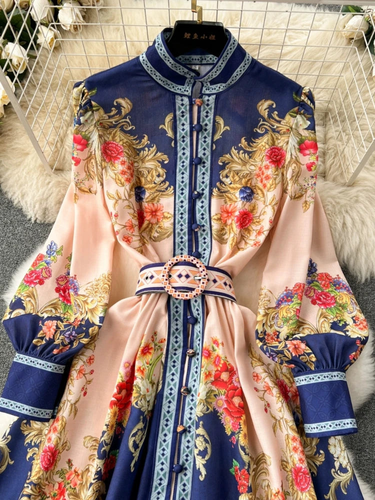 Floral Long Sleeve Maxi Dress With Belt