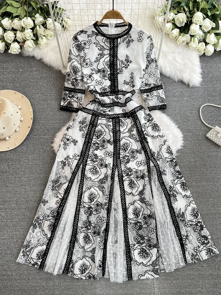 Lace & Tulle Midi Dress – Embroidered Mesh Elegance
