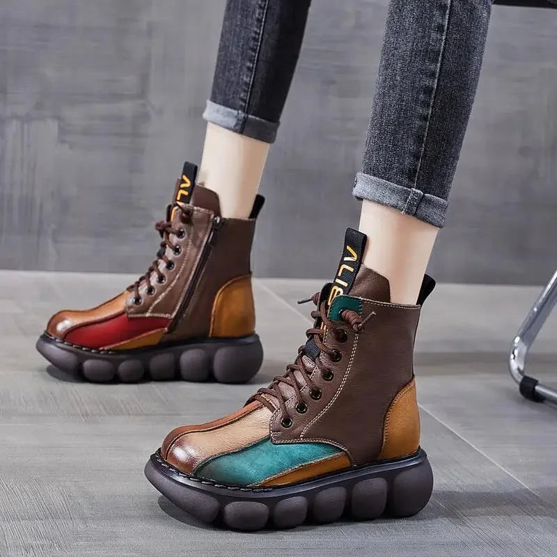 Colorful Chunky Sole High-top Leather Boots on Luulla