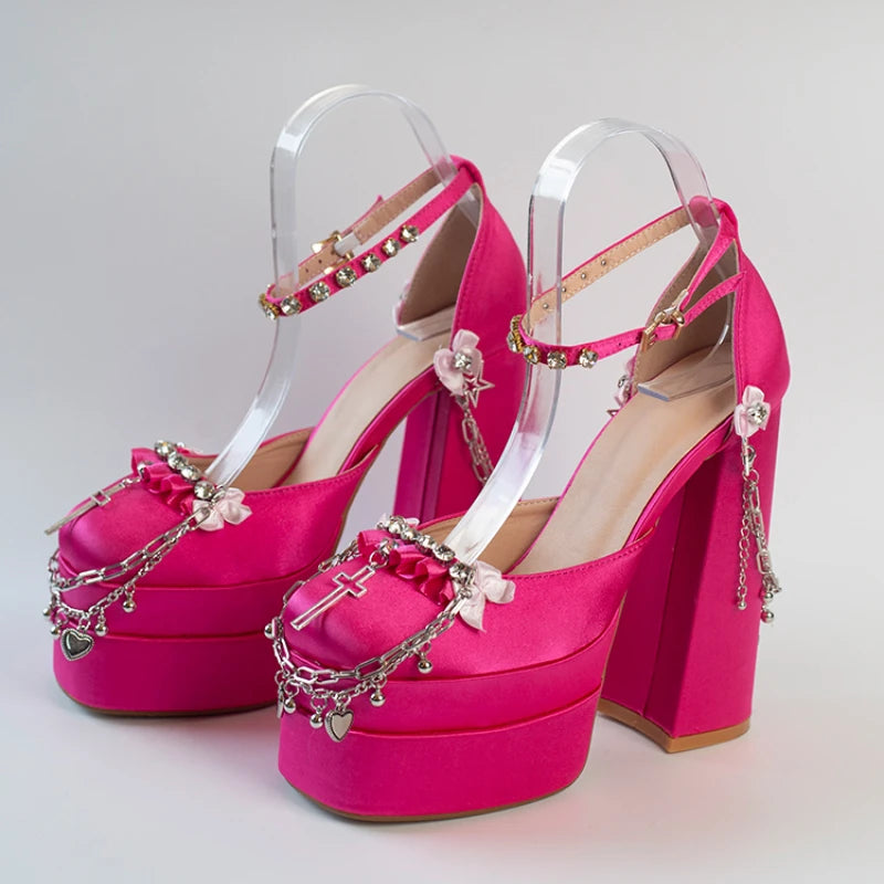 Pink Satin Rhinestone Platform Heel Shoes on Luulla