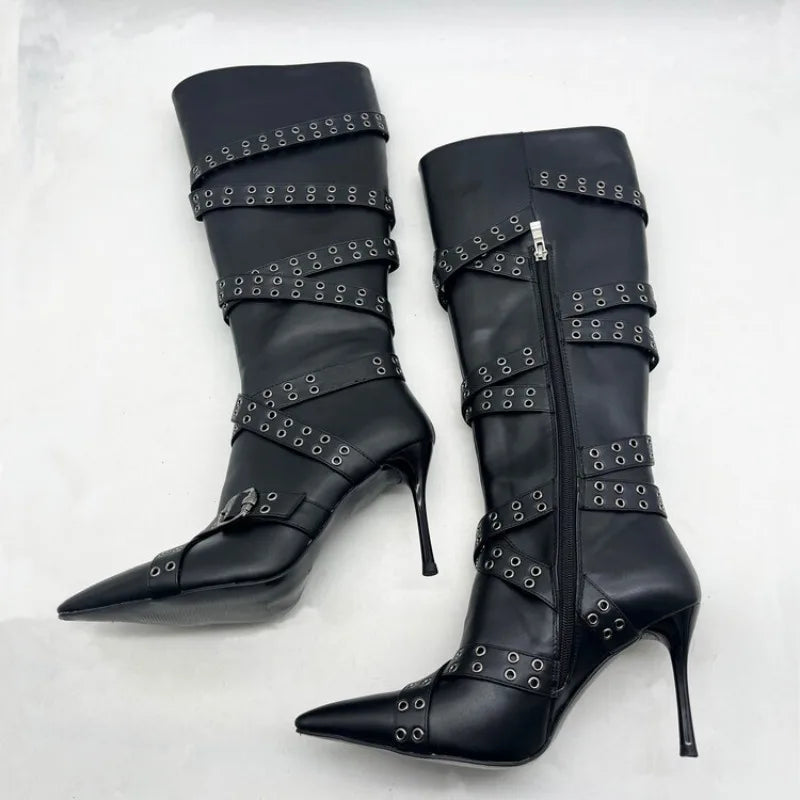 Trend4us Luxe Buckled Slouchy Stiletto Knee-High Boots