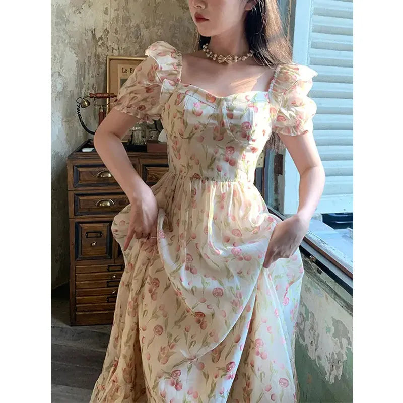 Printed Square Neck Puff Sleeve Dress main image 1